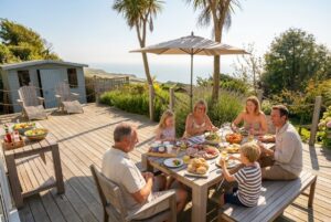 Large outside dining table on the sun-trap terrace overlooking Ventnor Park